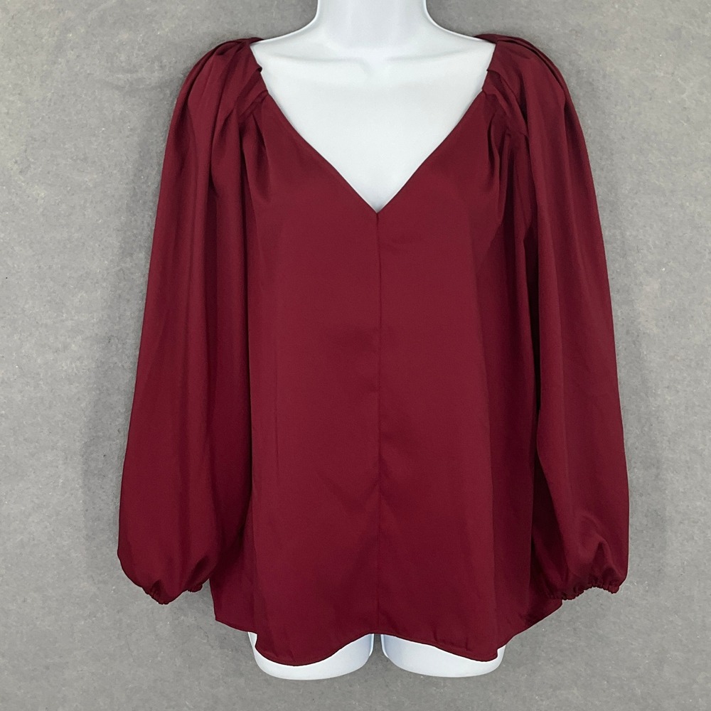 Loft Top Womens Sz L Burgundy‎ Blouse V Neck Long Balloon Sleeves Romantic Fall